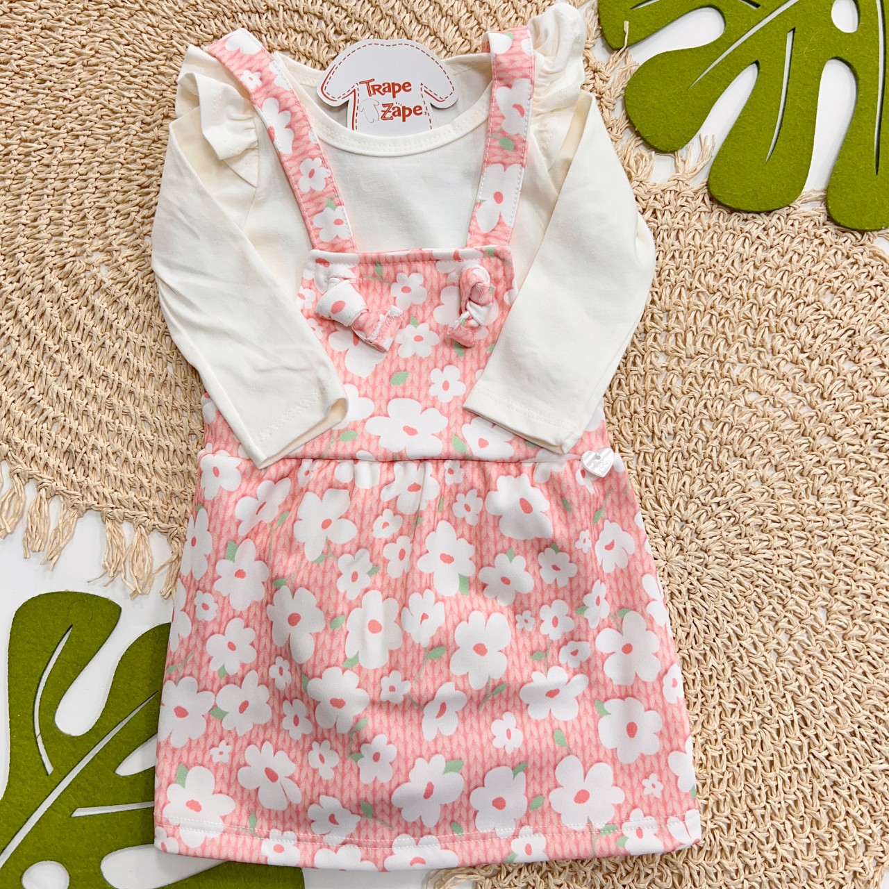 Conjunto Body com Babadinhos e Salopete Estampada - Coral 